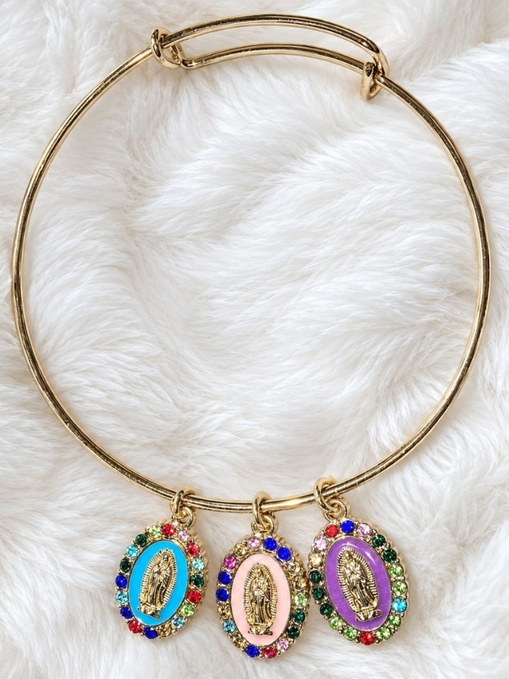 Handmade By Me Gold-Tone Charm Bangle Bracelet with Multicolor Virgin Medallions